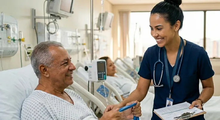 Equipe de enfermagem atendendo paciente em ambiente hospitalar