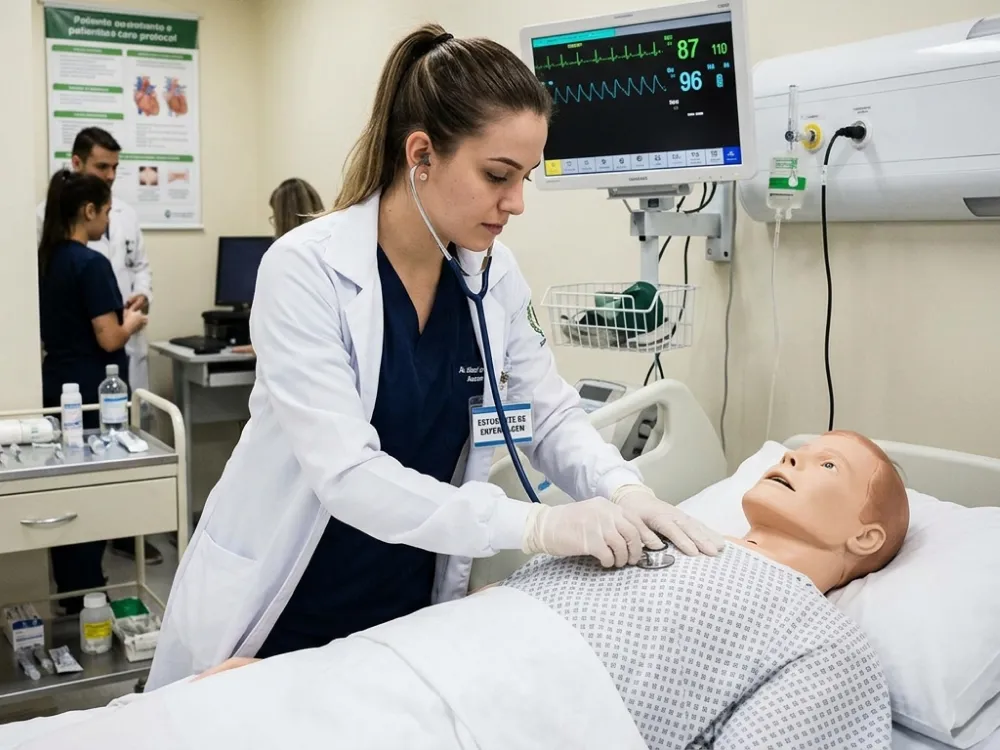 Estudante de enfermagem em prática com simulador clínico