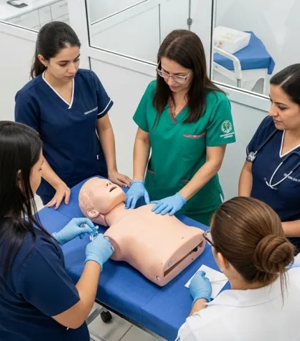 Alunos de enfermagem em treinamento pr\u00e1tico